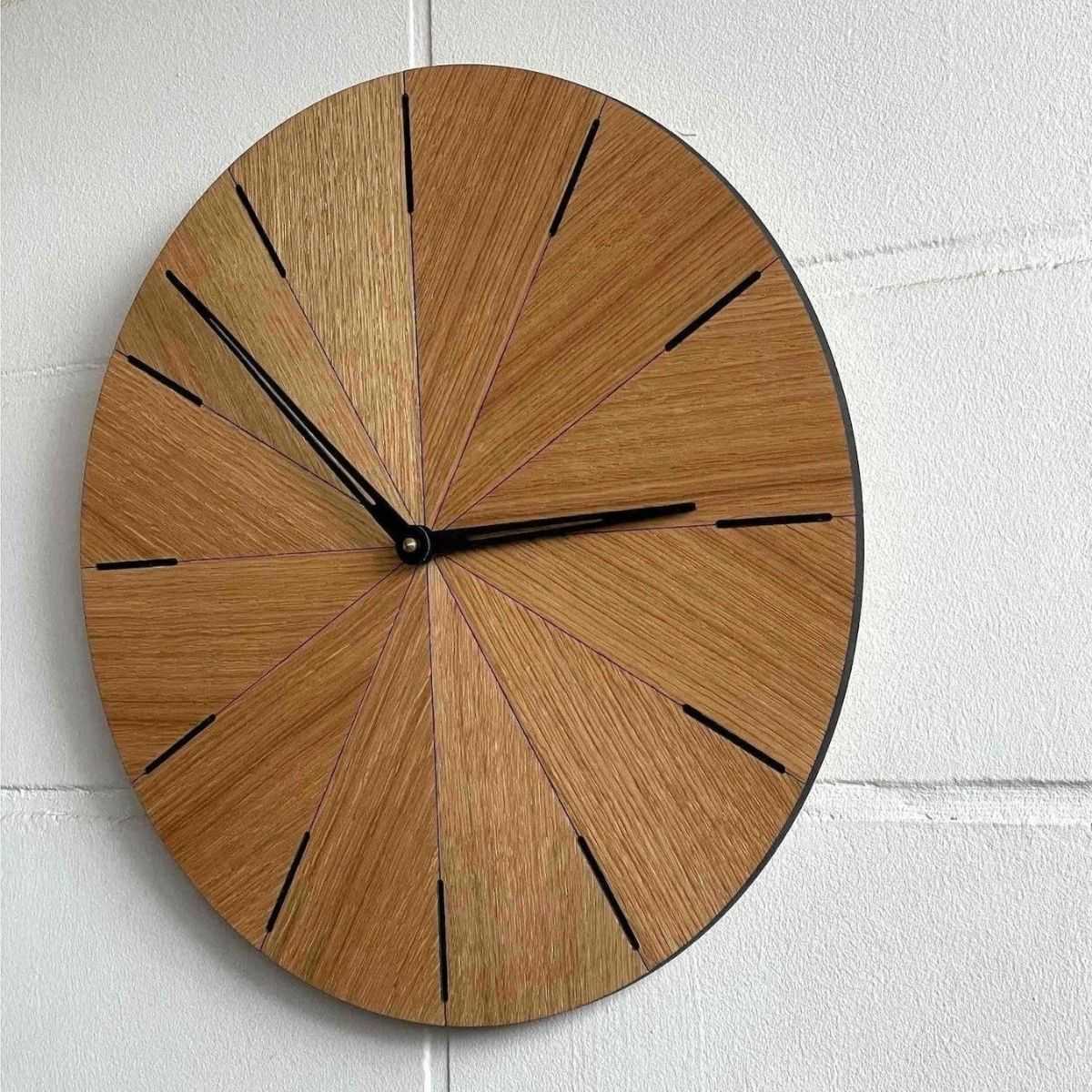 minimalist-oak-wood-clock-2152 Modern Wall Clock – Sunburst Segmented Wood in Oak & Walnut - Image 4