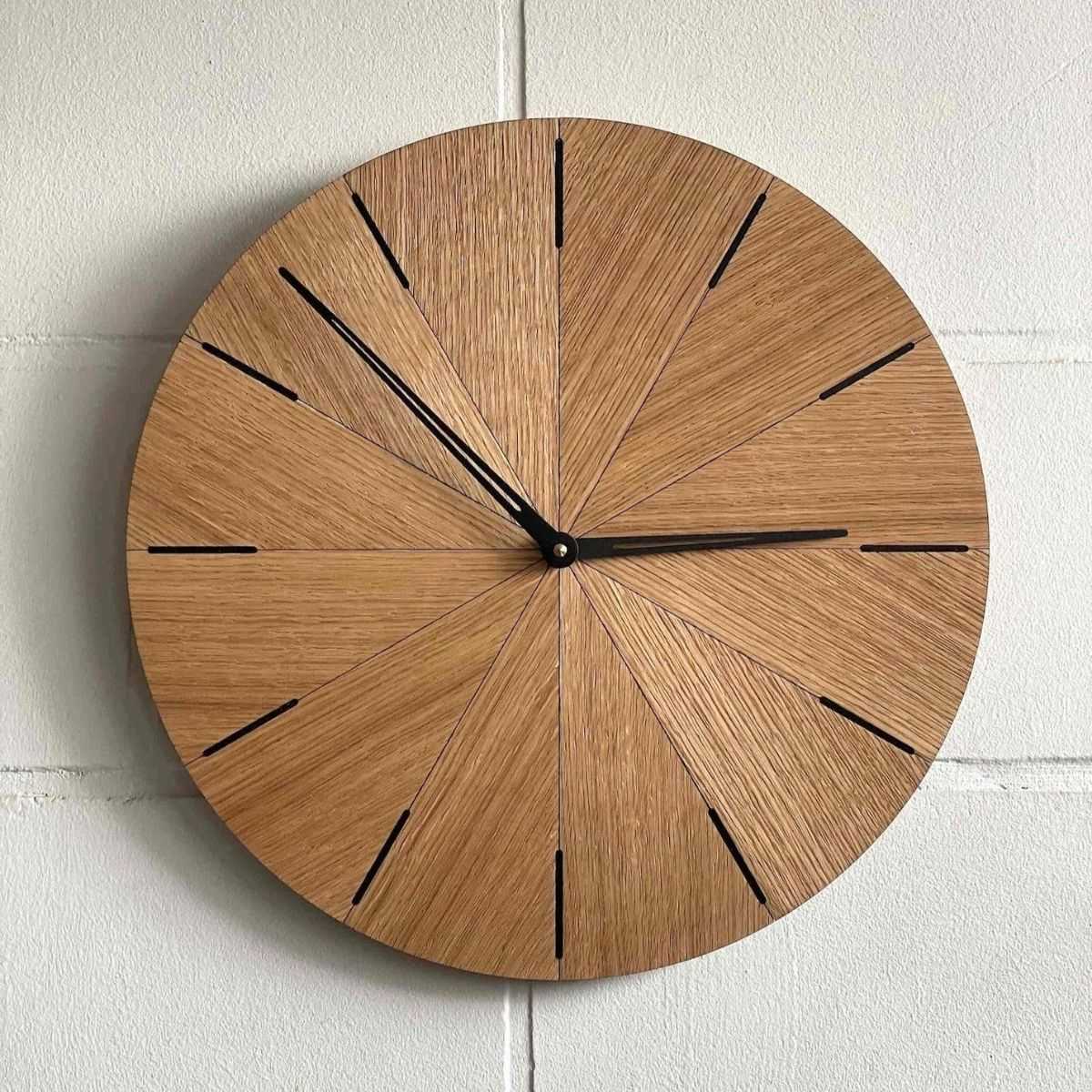 minimalist-oak-wood-clock-254 Modern Wall Clock – Sunburst Segmented Wood in Oak & Walnut - Image 6