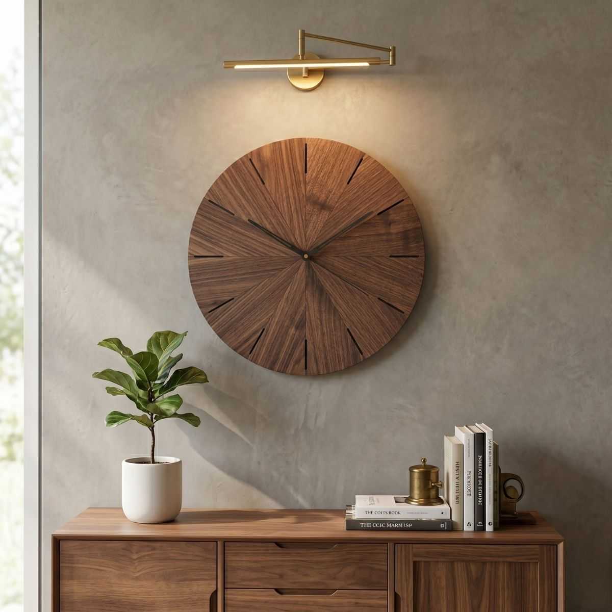 minimalist-walnut-wood-clock-LG Modern Wall Clock – Sunburst Segmented Wood in Oak & Walnut - Image 2