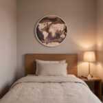 Round Wooden World Map wall art above a wooden bed in a warm, minimalist bedroom