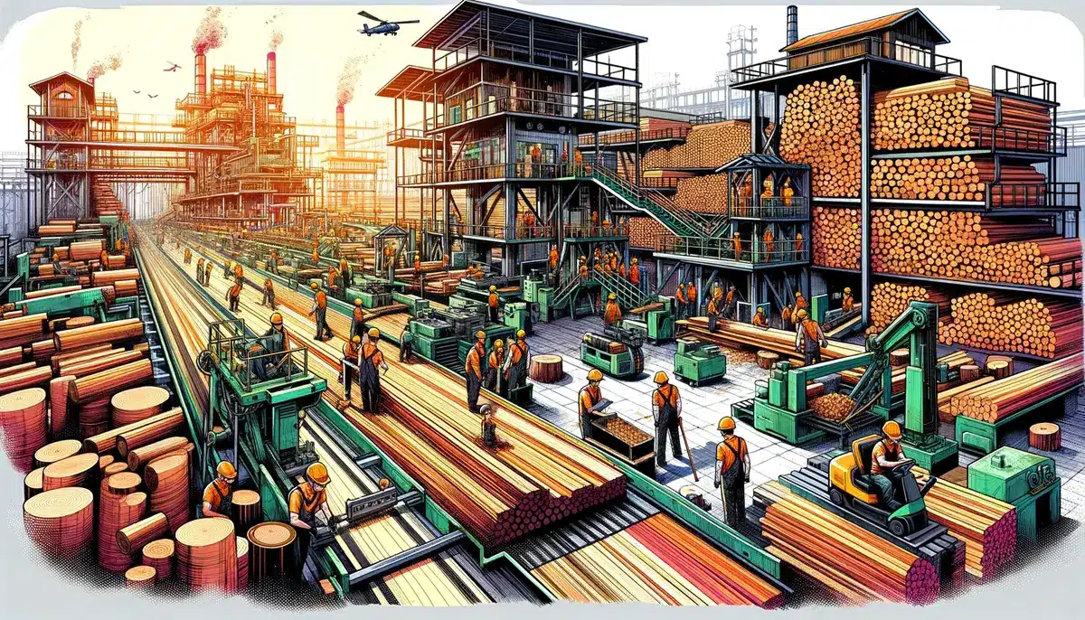 A bustling sawmill processing teak wood