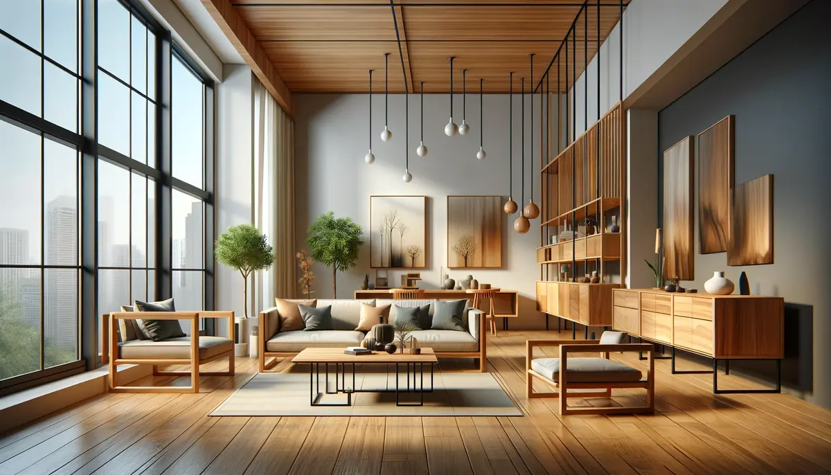 A modern home interior featuring teak wood furniture