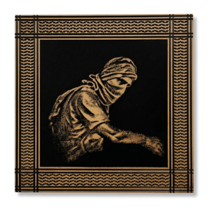 palestinian artwork Yahya Sinwar on wood wall art, a veiled figure framed in tan and black geometric border