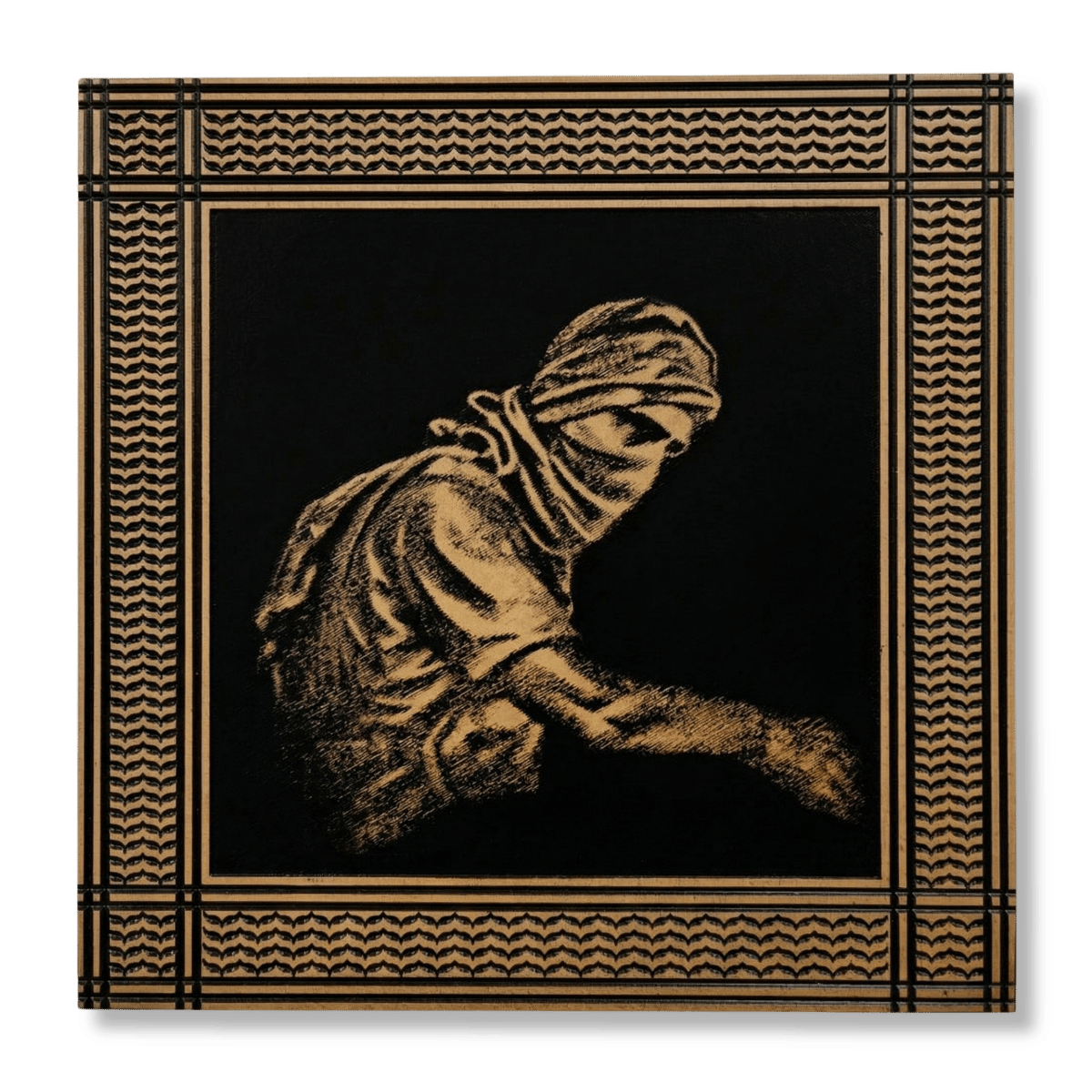 Palestinian Artwork Yahya Sinwar (2) palestinian artwork Yahya Sinwar on wood wall art, a veiled figure framed in tan and black geometric border
