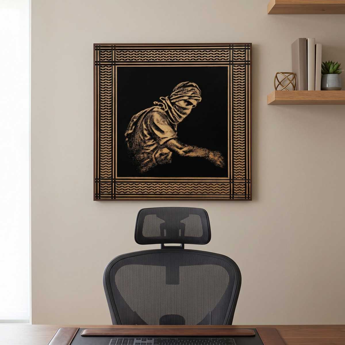 Palestinian Artwork Yahya Sinwar Office Glamorwood palestinian artwork in a framed wood wall art piece above a mesh office chair