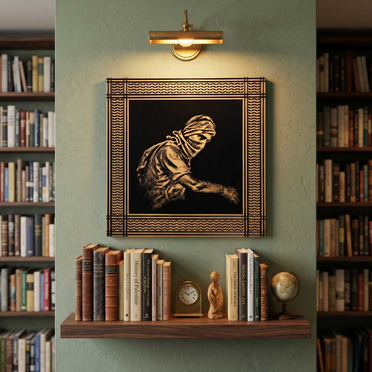 Palestinian Artwork Yahya Sinwar Office Glamorwood Palestinian artwork on wood wall art above a bookshelf in a cozy library nook