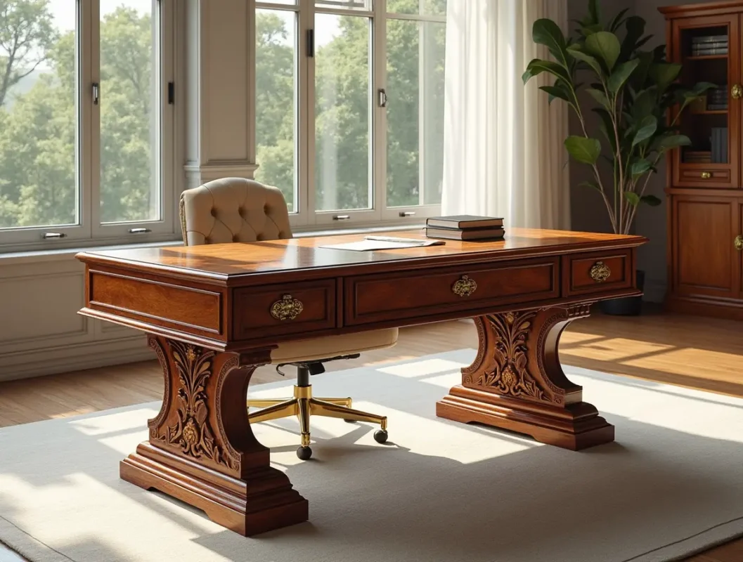 a_luxurious_cocobolo desk_with_a_polished_surface_intricate_carvings_on_the_legs_and_brass