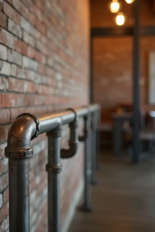 a modern chair rail crafted from reclaimed metal pipes running horizontally along an exposed brick y5h3ogfud10fduqvp4pg 2