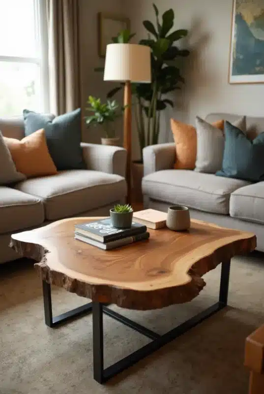 generate an image of a live edge parota wood coffee table with metal or wooden legs placed in a war 7zprysnt8pq5u0tffsyv 2