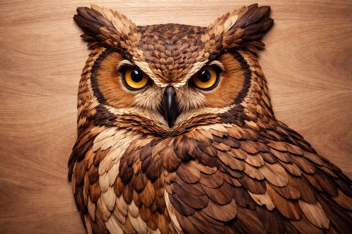 A detailed intarsia wildlife portrait of a majestic owl
