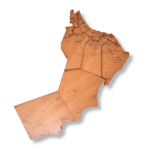 Oman map wall art in natural wood with engraved regional borders and Arabic place names