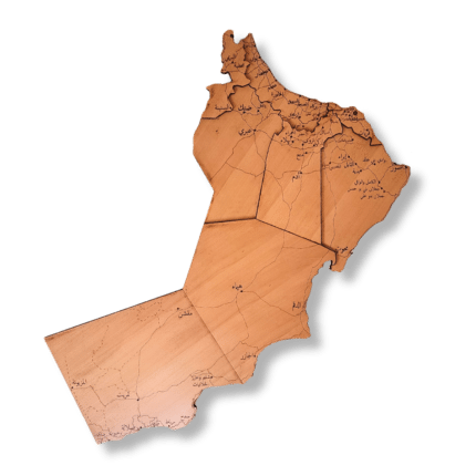 Oman map wall art in natural wood with engraved regional borders and Arabic place names