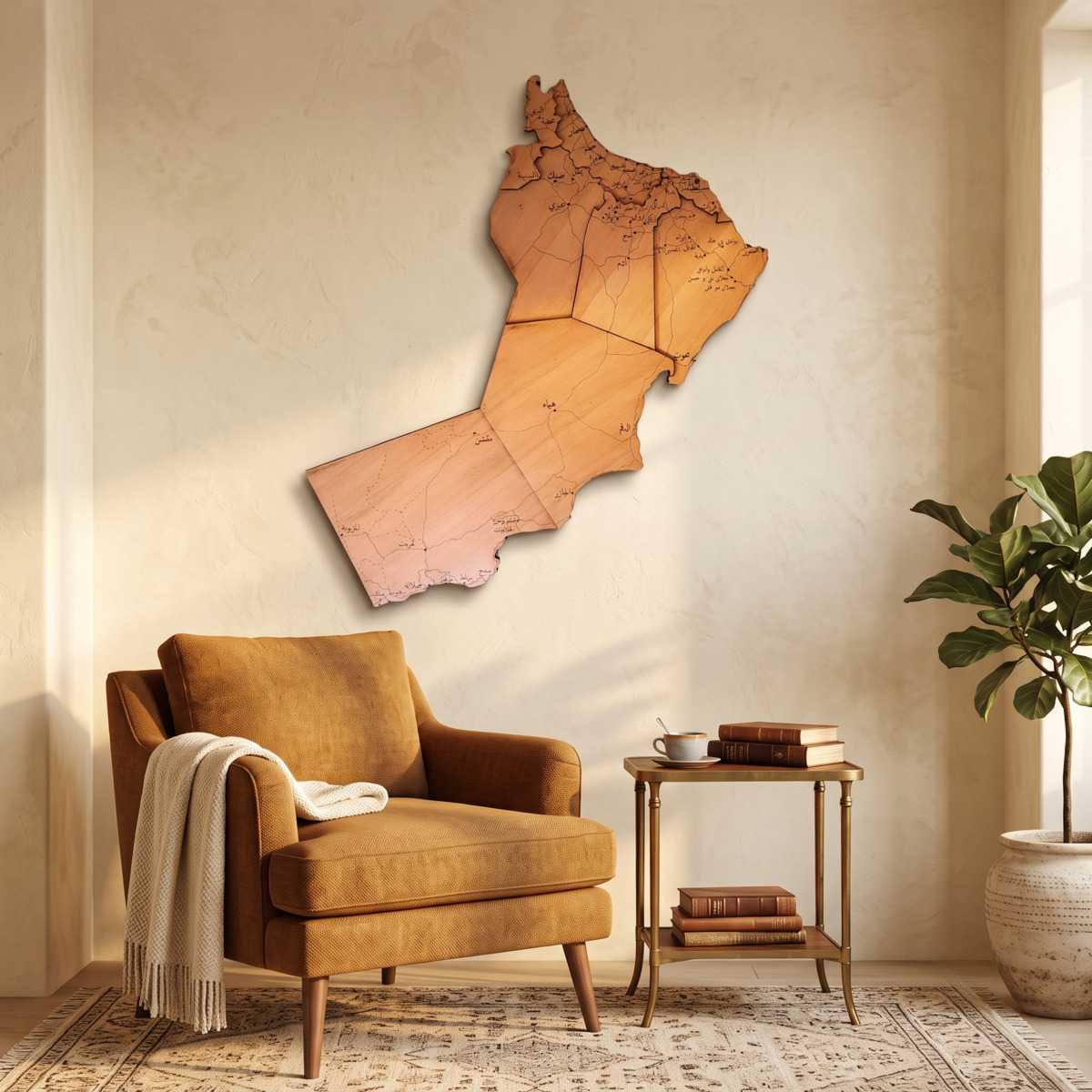 Oman Map Living Room Glamorwood Oman map wall art above a tan armchair in a warm, sunlit living room with a potted plant
