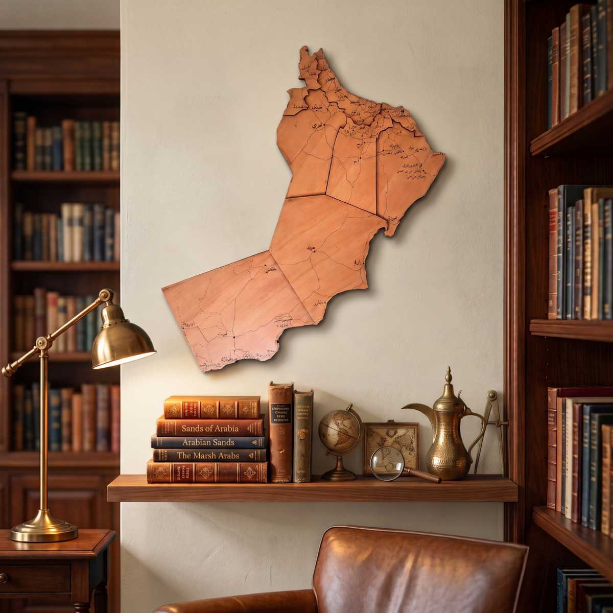 Oman Map Office Glamorwood Oman map wall art above a desk in a warm study with bookshelves, globe and brass lamp