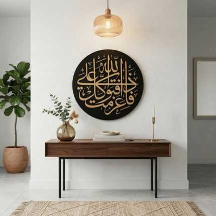 Handcrafted wood wall art featuring elegant Arabic calligraphy on a round black base, enhancing modern home decor.
