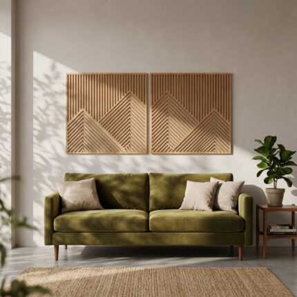 Geometric wood wall art panels above an olive green sofa in a sunlit modern living room