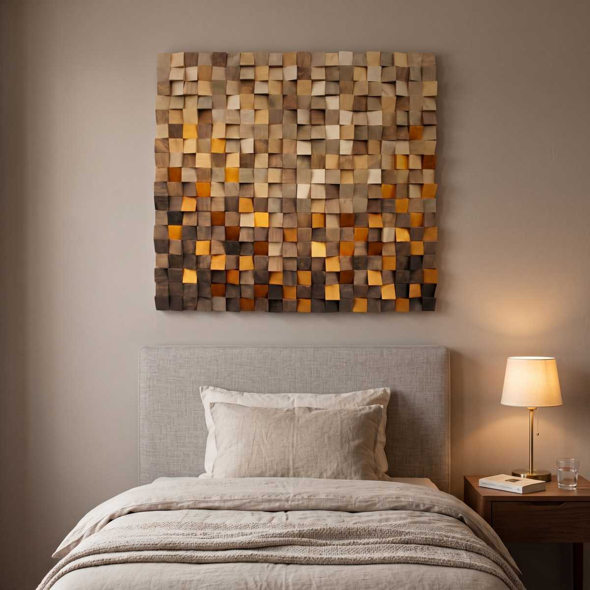 Amber Mosaic Wood Wall Art Bedroom Glamorwood Abstract wall art of textured wood blocks above a neatly made bed in a warm neutral bedroom