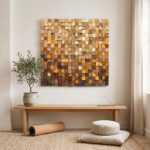 Abstract wall art of textured wood blocks above a bench in a serene neutral interior