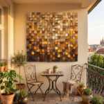 Abstract wall art of textured wooden blocks above a bistro table on a plant-filled balcony