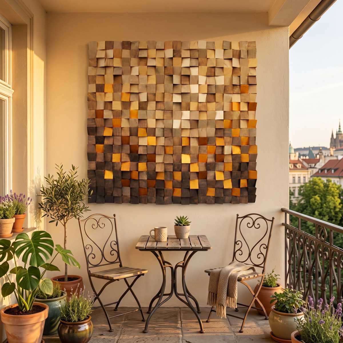 Amber Mosaic Wood Wall Art Lifestyle Glamorwood Abstract wall art of textured wooden blocks above a bistro table on a plant-filled balcony