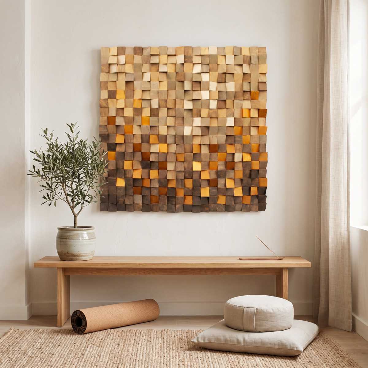 Amber Mosaic Wood Wall Art Lifestyle Glamorwood Abstract wall art of textured wood blocks above a bench in a serene neutral interior