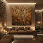 Abstract wall art of textured wooden cubes above a candlelit brown sofa in a rustic modern living room