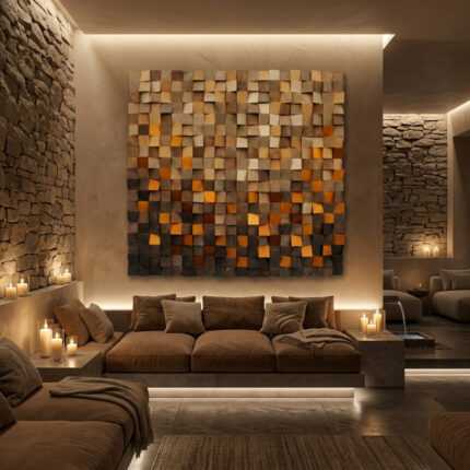Abstract wall art of textured wooden cubes above a candlelit brown sofa in a rustic modern living room