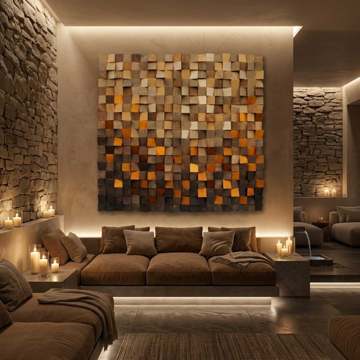 Amber Mosaic Wood Wall Art Living Room Glamorwood Abstract wall art of textured wooden cubes above a candlelit brown sofa in a rustic modern living room