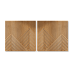 Geometric wood wall art diptych with layered slats forming abstract mountain peaks in warm natural wood