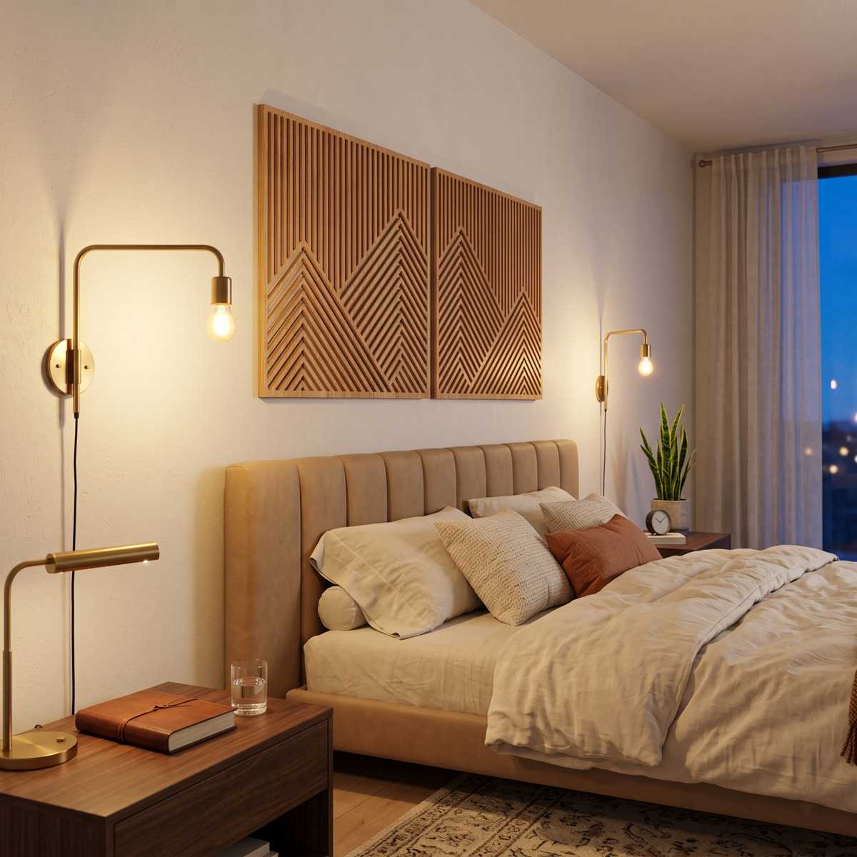 Chevron Diptych Geometric Wood Wall Art Bedroom Glamorwood Geometric wood wall art above a beige upholstered bed in a warmly lit modern bedroom