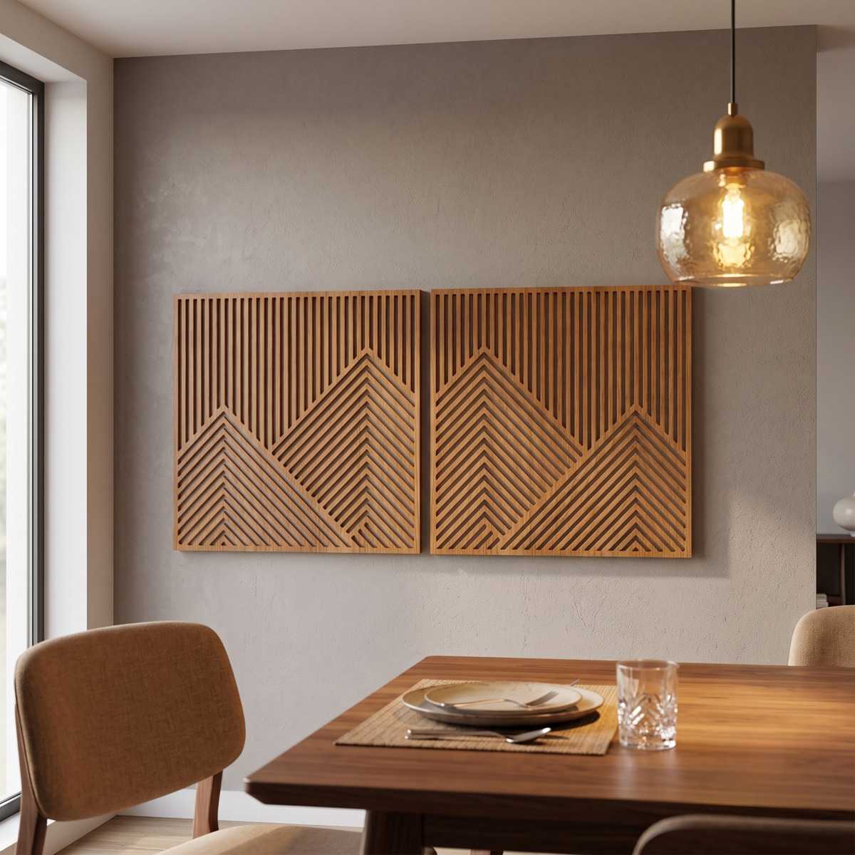 Chevron Diptych Geometric Wood Wall Art Dining Room Glamorwood Geometric wood wall art panels above a wooden dining table with pendant light and upholstered chairs