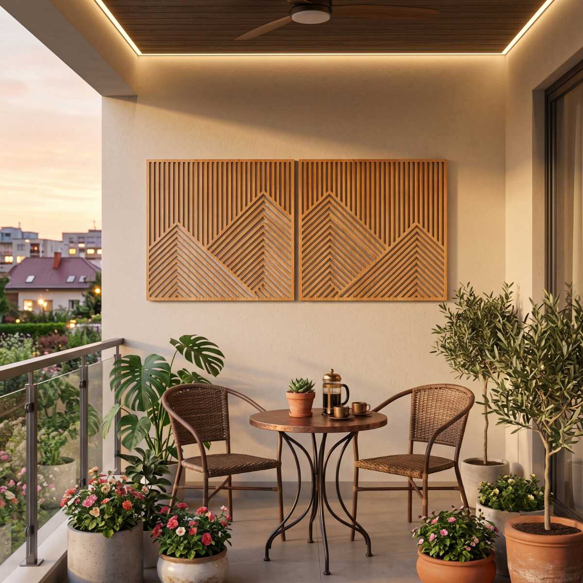 Chevron Diptych Geometric Wood Wall Art Lifestyle Glamorwood Geometric wood wall art with mountain patterns above a bistro table on a plant-filled balcony