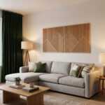 Geometric wood wall art panels above a gray sofa in a warm modern living room