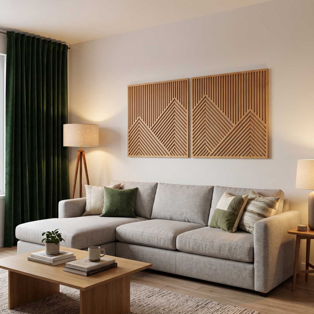 Chevron Diptych Geometric Wood Wall Art Living Room Glamorwood Geometric wood wall art panels above a gray sofa in a warm modern living room