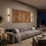 Geometric wood wall art with mountain patterns above a gray sofa in a modern living room