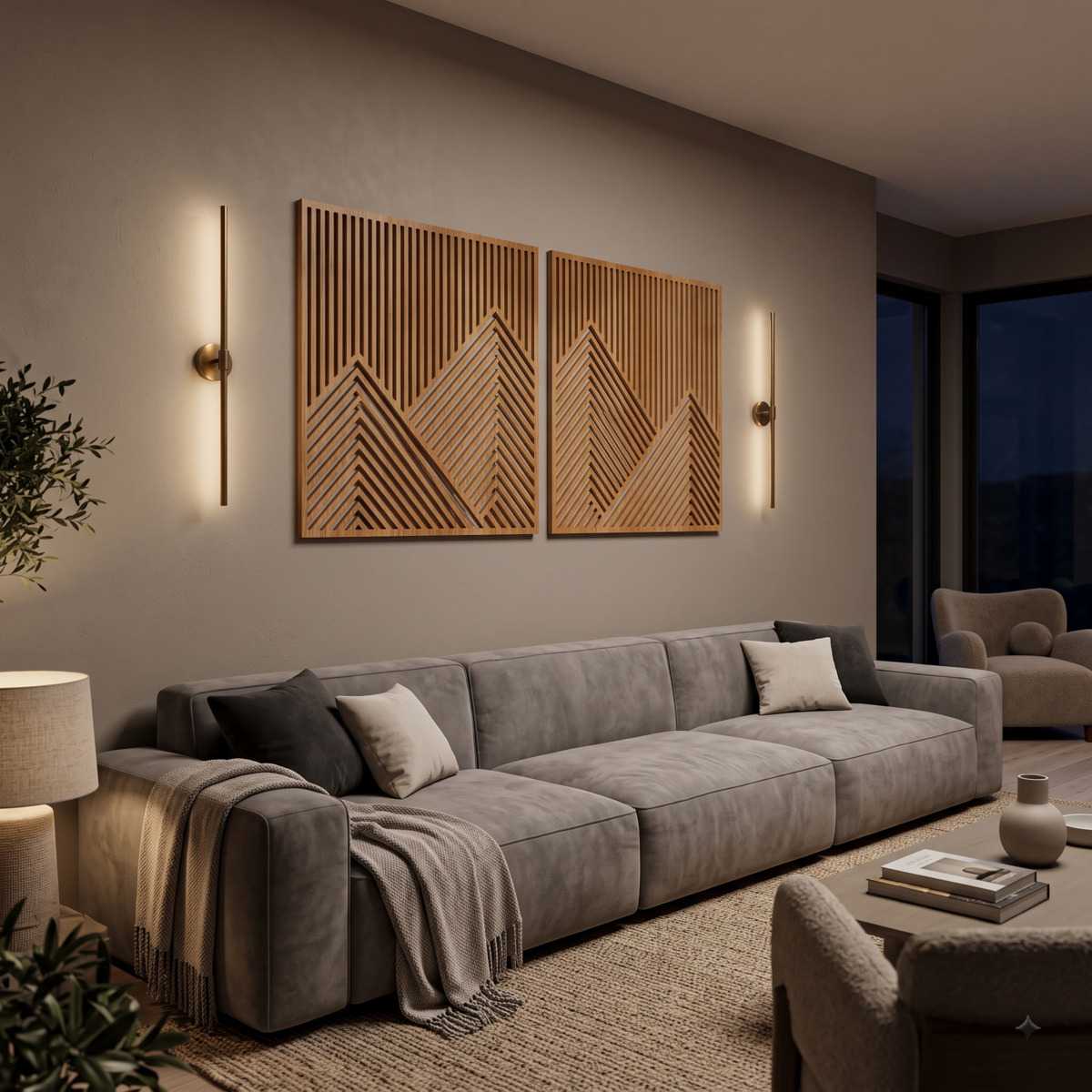 Chevron Diptych Geometric Wood Wall Art Living Room Glamorwood Geometric wood wall art with mountain patterns above a gray sofa in a modern living room