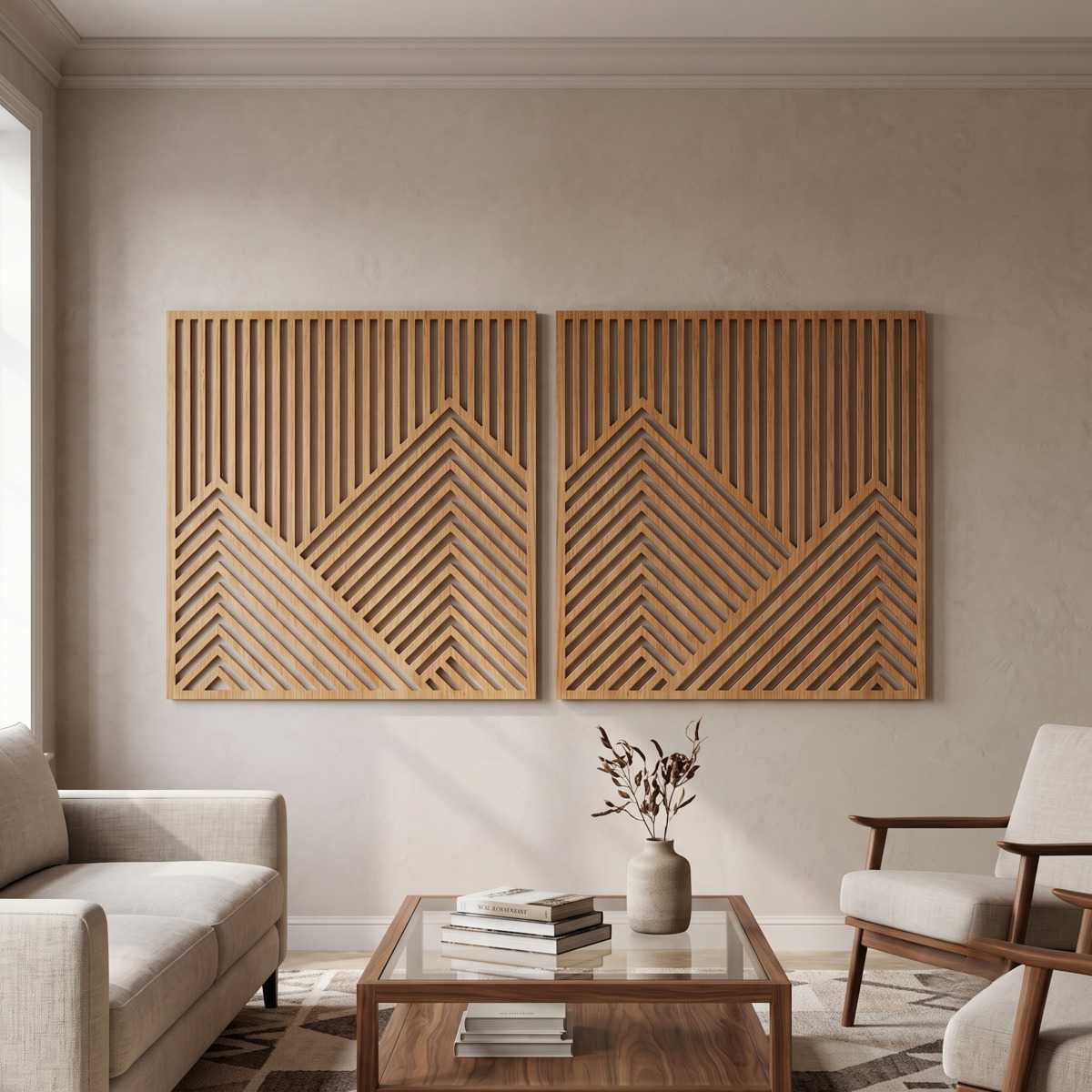 Chevron Diptych Geometric Wood Wall Art Living Room Glamorwood Geometric wood wall art panels with layered mountain patterns above seating in a modern living room