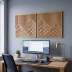 Geometric wood wall art with mountain patterns above a desk in a modern home office