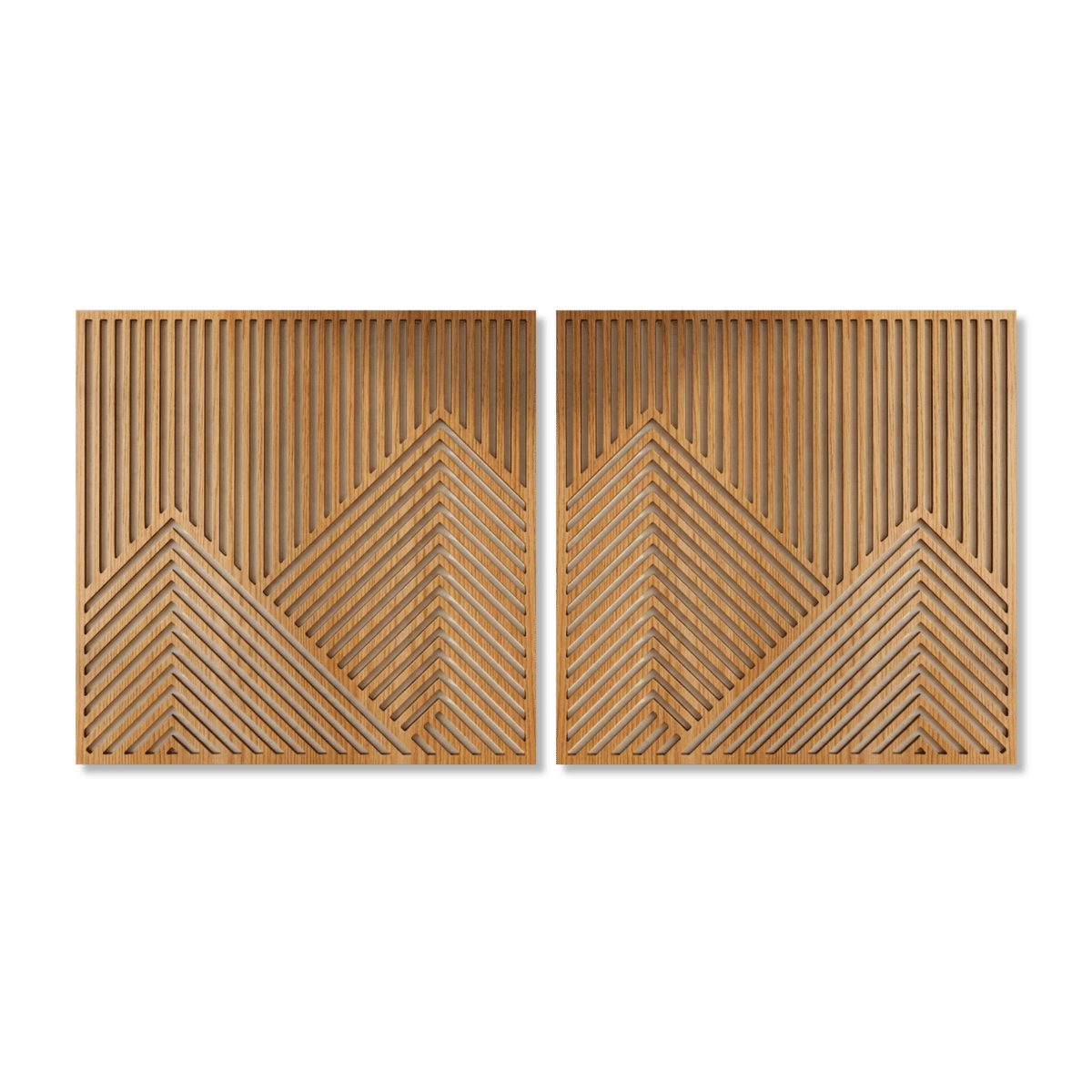 chevron-diptych-geometric-wood-wall-art Geometric wood wall art diptych with layered slats forming abstract mountain peaks in warm natural wood