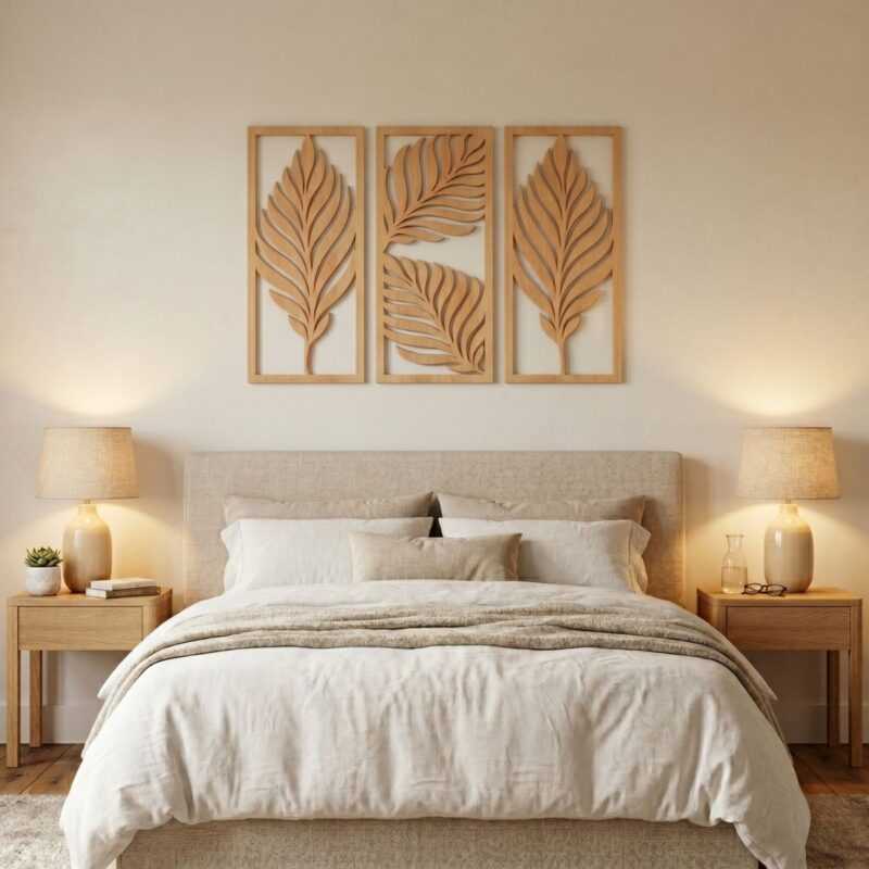 Wooden palm-leaf triptych above a bed in a calm, light bedroom