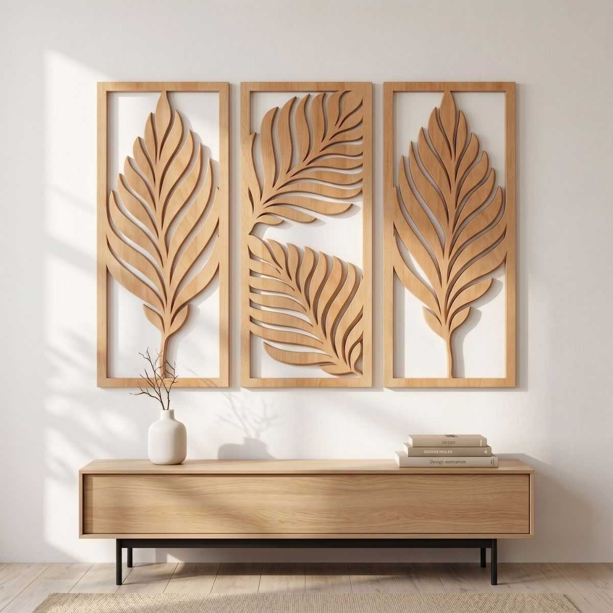 palm-leaf-triptych-floral-wall-art-glamorwood-consol Three-panel palm leaf laser cut wood wall art in natural brown matte finish