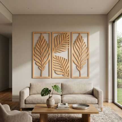 Three-panel palm leaf laser cut wood wall art in natural brown matte finish