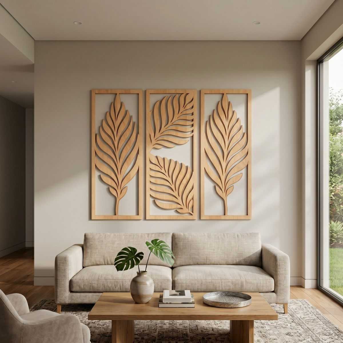 palm-leaf-triptych-floral-wall-art-glamorwood-living room Handcrafted three-panel wood wall art with carved tropical leaf designs above a modern sofa