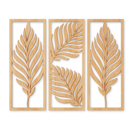 Three-panel palm leaf laser cut wood wall art in natural brown matte finish