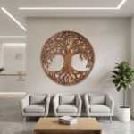 Tree of life wall art in warm wood above three armchairs in a modern waiting room