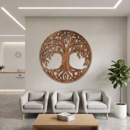 Tree of life wall art in warm wood above three armchairs in a modern waiting room