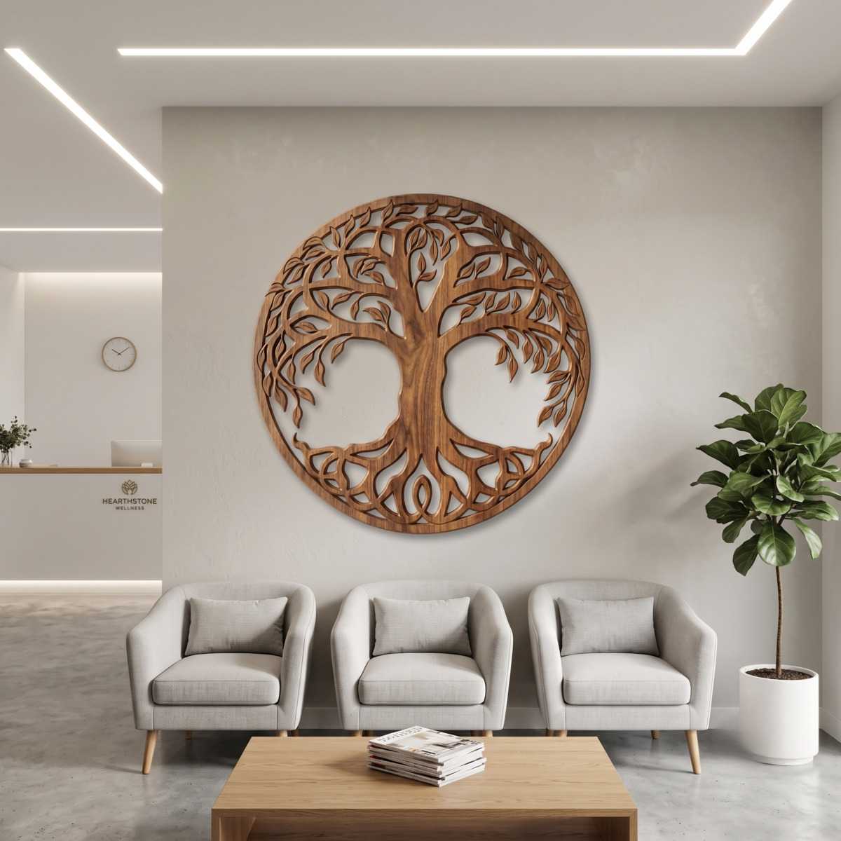 Tree Of Life Wall Art Lifestyle Glamorwood Tree of life wall art in warm wood above three armchairs in a modern waiting room