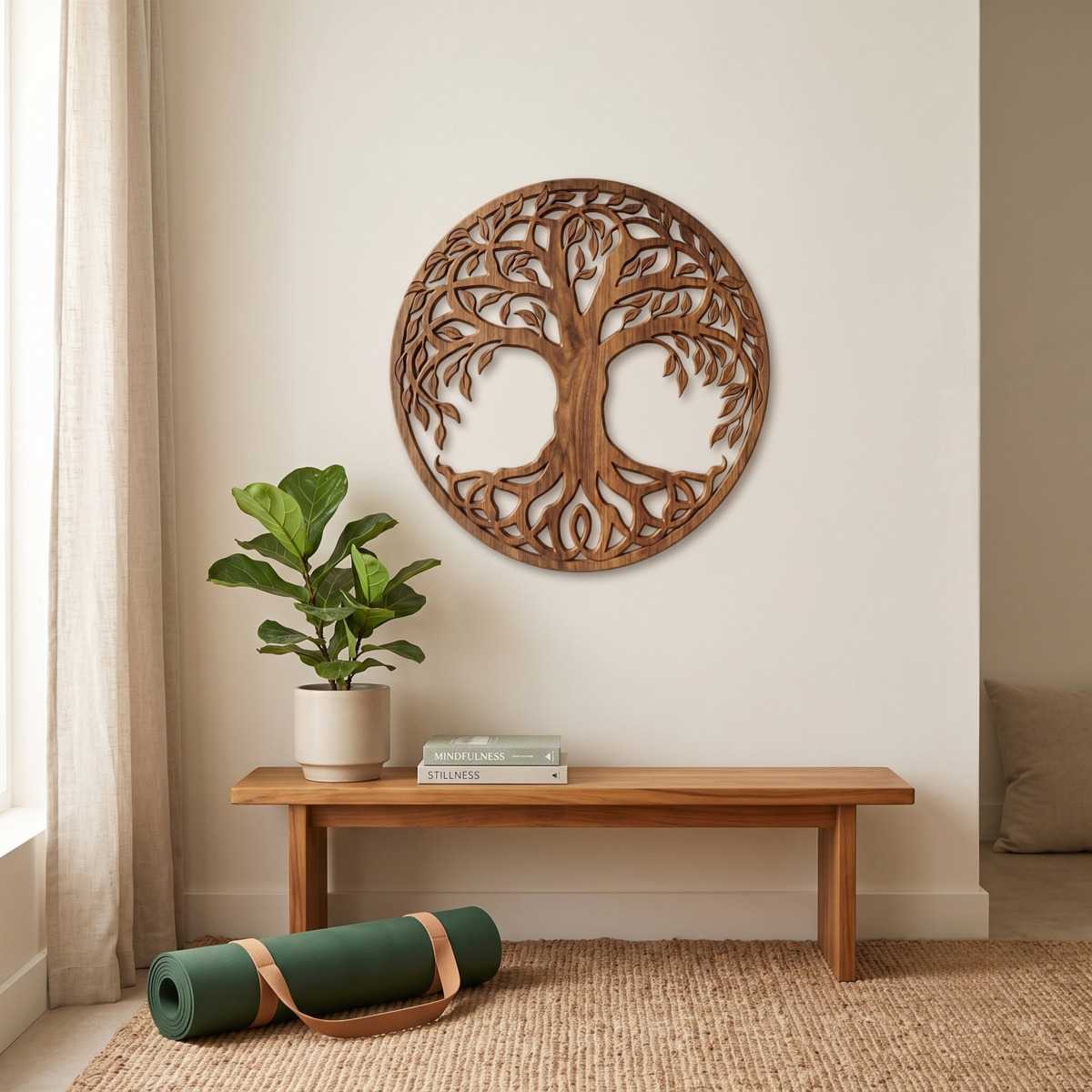 Tree Of Life Wall Art Lifestyle Glamorwood Tree of life wall art above a wooden bench with a potted plant and yoga mat in a serene entryway