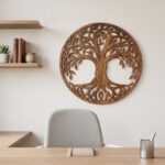 Tree of life wall art above a desk in a minimalist home office with floating shelves and a gray chair