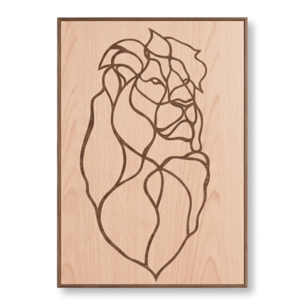 Abstract lion line art inlaid wood wall art in natural beech finish